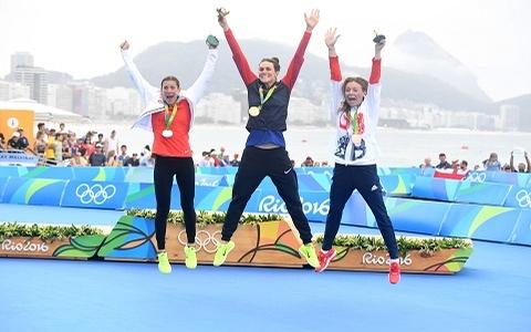 Gwen Jorgensen (USA) claims Gold in the triathlon event at the Rio 2016 Olympic Games, Nicola Spirig (SUI) Silver and Vicky Holland (GBR) Bronze