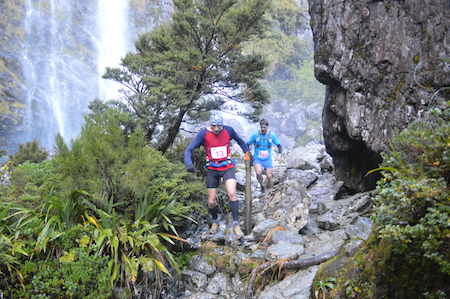 Top male Nick Hirschfeld with Grant Guise hot on his heels at Earland Falls, Routeburn Track.  Credit: MMPro.