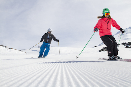 A couple hit the slopes of Whakapapa Ski Field on Mt Ruapehu.