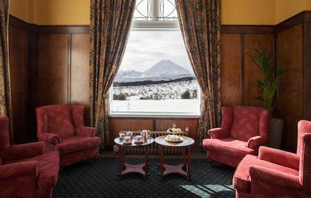 High tea in the Ngaruhoe Room at Chateau Tongariro Hotel.