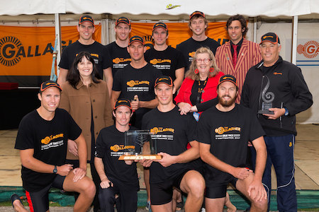 Waikato University Men's and Women's crews celebrate their win in 2013.  Credit: Stephen Barker.