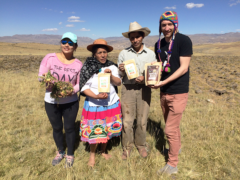 Seleno Health directors Sally Huapaya (left) and Dr Corin Storkey (right) with their farmer and his wife in Junin, Peru (4200m).