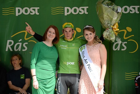 New Zealand's Alex Frame on the podium with the points leader's green in the An Post RAS Tour of Ireland. Credit: Paul Mohan Sportsfile