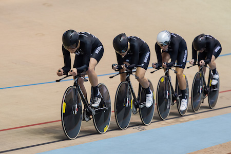 The women's team pursuit (from left – Jaime Nielsen, Georgia Williams, Rushlee Buchanan, Lauren Ellis) will be looking for the podium at the London World Cup. Credit: Guy Swarbrick.