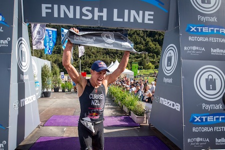 Red Bull endurance athlete Braden Currie, of Wanaka, lets all his emotions show as he wins the Paymark Xterra Rotorua Festival on Saturday. Credit: Graeme Murray.