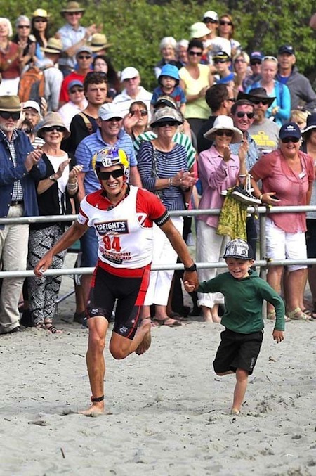 Wanaka-based Red Bull endurance athlete Braden Currie shared the Speights Coast to Coast finish line run with his son Tarn (6) when he claimed his second consecutive win last year.  Credit: Paul's Camera Shop.