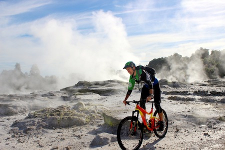 Giant Toa Enduro race manager Neil Gellatly checks out the start line in front of the world famous Pohutu Geyser for the upcoming race.  
