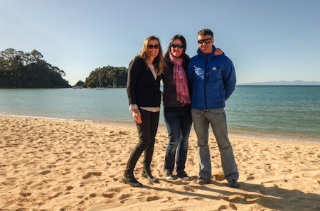 GODZone Media Manager Margo Berryman, Operations Manager Anna Bastin and Race Director Warren Bates visit Kaiteriteri Beach last week.