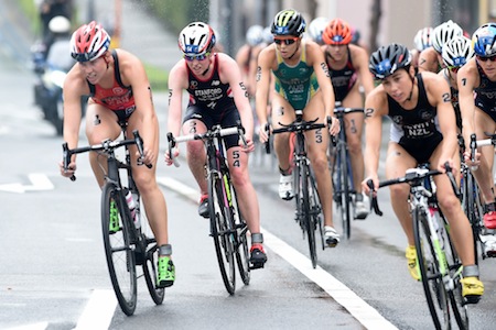Andrea Hewitt at the forefront on the bike leg in Yokohama earlier this month. Credit: Delly Carr/ITU