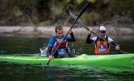 Nelson's Trevor Voyce (left) leads Richard Ussher during the 9km kayak leg of the New Zealand multisport championships in Rotorua today.  Credit: Jamie Troughton/Dscribe Media Services.