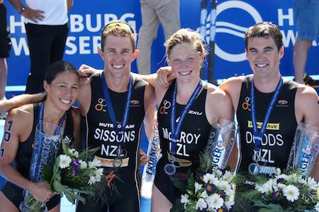 The 2013 ITU World Championship Silver medal winning NZ team at the Mixed Relay Championships will be reunited in Glasgow. Credit: ITU