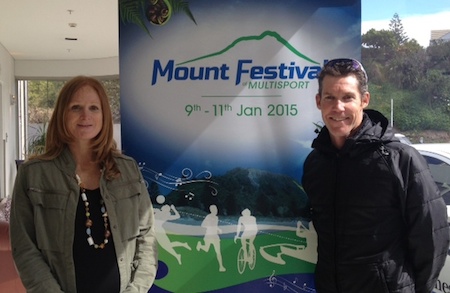 New Zealand long distance legends Joanna Lawn and Cameron Brown at today's launch of the Mount Festival of Multisport.