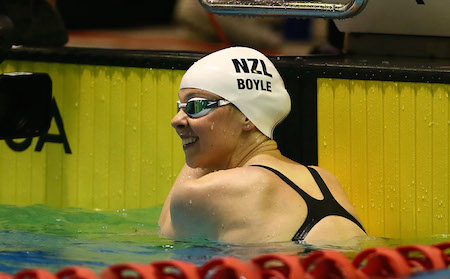 Lauren Boyle and Glenn Snyders celebrate their qualifying performances on the opening night of the State New Zealand Swimming Championships in Auckland tonight.