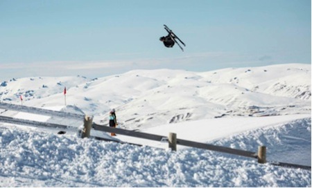 Jossi Wells competing at the 2014 The North Face® Freeski Open of NZ Slopestyle.  Credit: Neil Kerr