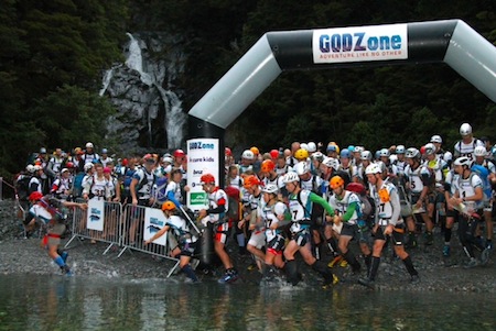 GODZOne teams leaving the startline at Fantail Falls in the Makarora Valley near Haast Pass.