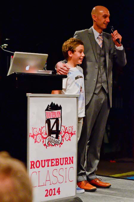 Routeburn Classic organiser Evan McWhirter with 11-year-old competitor Josh Platt.  Credit: Deborah-Lee Photography.
