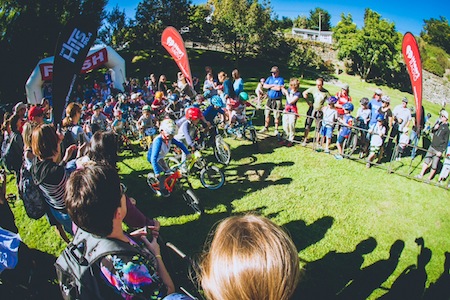 Start line action at the Veolia Kids Mini X, part of the 2015 Queenstown Bike Festival.  Credit: Callum Wood.