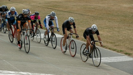 The Masters bunch taking part in the 8km Stayers Cup Scratch Race at Wellington Velodrome, February 15. Nick Warren (in second) went on to win.  Credit: PNP Cycling Club.