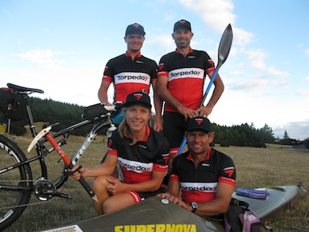 Wanaka's Torpedo 7 Adventure Race Team (behind from left) Richard Anderson, Simon Bowden  (front from left) Jo Williams and Bob McLachlan with some of the equipment they will need to get them through the non-stop GODZone Adventure Race, which begins next Saturday. Credit: Catherine Pattison.