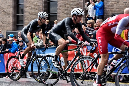 (from left) Jack Bauer and Shane Archbold during the Commonwealth Games road race in Glasgow. Credit: Guy Swarbrick.