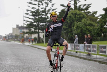 Sam Horgan soloed to an impressive elite win today in round three of the Calder Stewart Cycling Series, the CYB Construction Hokitika Classic, on the South Island's West Coast, to also claim the elite series lead.  Credit: Rickoshay Photos.