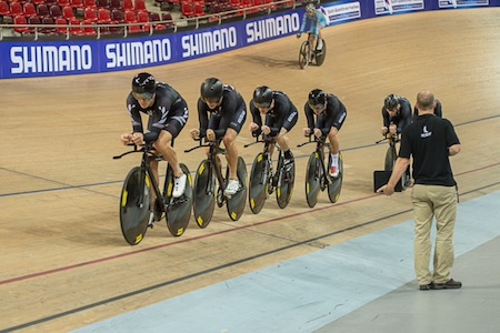 The New Zealand men's team pursuit with coach Tim Carswell during training in Paris yesterday. Credit: Guy Swarbrick.