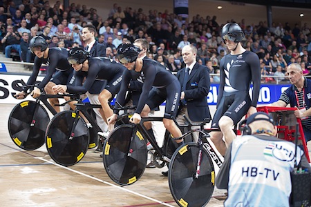 The New Zealand men's team pursuit (from right) Dylan Kennett, Pieter bulling, Marc Ryan, Alex Frame, on the start line in Paris. Credit: Guy Swarbrick/Cycling New Zealand.