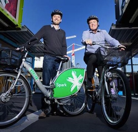 From Left: Local entrepreneur Rob Henderson and Paul Deavoll of Spark Christchurch, take Spark Bikes for a spin through the CBD – ahead of the launch in June.