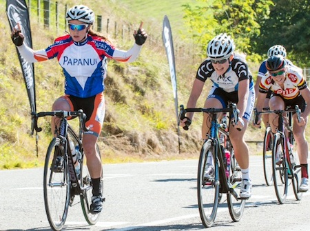 CAPTION: Winners of the elite races at the New Zealand Club Road Championships in Hawkes Bay were Sharlotte Lucas (Papanui) in a sprint finish and Michael Trockler (Stratford) who won solo. Credit: Eugene Bonthuys